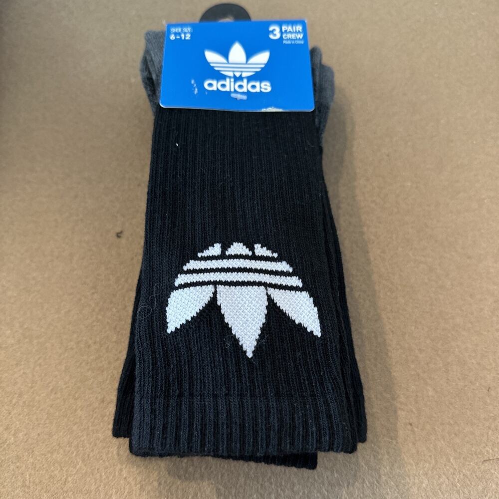 ADIDAS Trefoil Crew Socks Athletic Cushioned 3Pair Black Mens 6-12